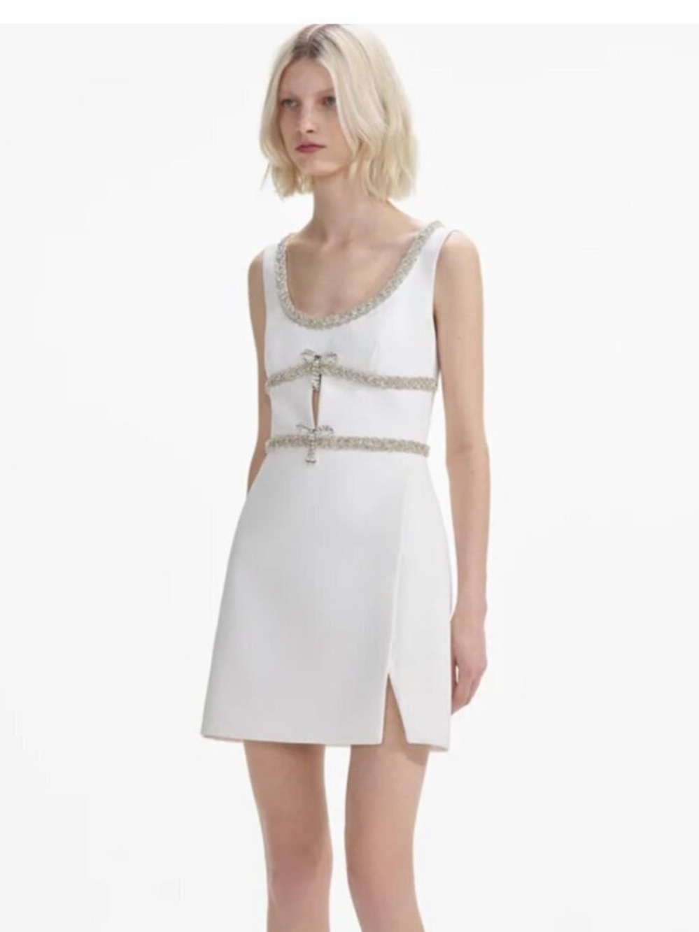 SELF PORTRAIT White Diamante Bow Trim Mini Dress
